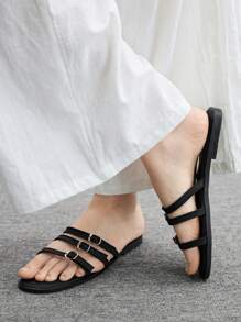 CUCCOO BIZCHIC French Summer New Fashion Versatile Flat Sandals With Pearl & Crystal, Elegant Gold Casual Shoes - Black - View 3