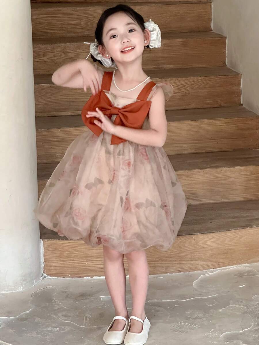 DAZY Young Girls Summer Square Neck Gradient Elegant Bowknot Decor Party Dress - Coffee - View 1