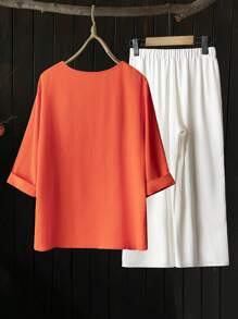 SHEIN LUNE 加大码夏季休闲度假两件套，仿亚麻