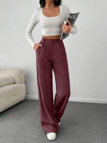 SHEIN Tall Women Solid Color High Waist Wide Leg Pants - Burgundy - View 6