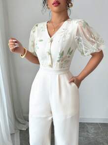 Modelyn Women's Mesh Embroidery Patchwork Decorative Button Short Sleeve Wide Leg Jumpsuit - Multicolor - View 3
