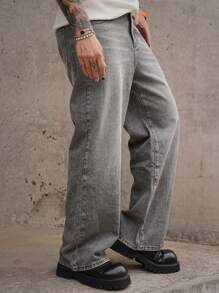 DAZY Men's Wide Leg Relaxed Fit Pockets Jeans, Versatile Casual Denim Pants, Spring - Grey - View 5