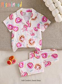 2pcs/Set Young Girl Summer Sweet Donuts & Rabbit Printed Short Sleeve Cardigan Loungewear Set - Pink - View 2