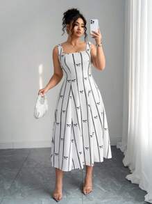 SHEIN Unity 大码蝴蝶结印花休闲连衣裙，夏季时尚