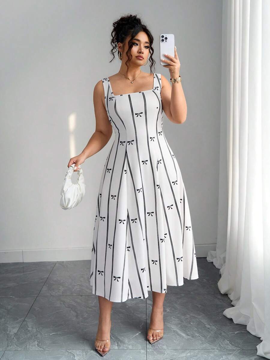 SHEIN Unity 大码蝴蝶结印花休闲连衣裙，夏季时尚