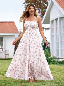 KURAYIA Plus Size Women Square Neck Sleeveless Romantic Holiday Drawstring Waist Digital Print White Dress, Spring/Summer - Pink - View 6