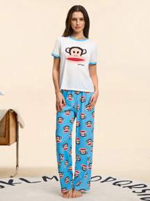 Paul Frank X SHEIN Women Monkey Graphic Short Sleeve T-Shirt And Pants Sleepwear Set, Summer Casual - Blue - View 3