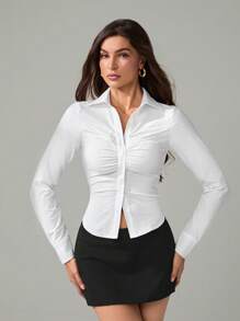 SHEIN Tall Langärmeliges Hemd mit Knopfleiste, bürotauglich/pendlerfreundlich, täglicher Spitzenbesatz, geraffter Stehkragen, Slim Fit, langärmliges weißes Hemd, modisch für den täglichen Sommer-Gebrauch - Weiss - Übersicht 6