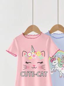 Young Girls Casual Cartoon Graphic Pajama Set, Multi-Piece, Suitable For Summer - Multicolor - View 3