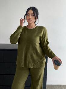 Flirla Soft, Slimming, Versatile Casual Wide-Leg Pants & Long Sleeve Knit Set - Army Green - View 4