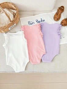 SHEIN 3件套新生女宝宝可爱纯色针织无袖连体衣，夏季 - 彩色 - 查看 2