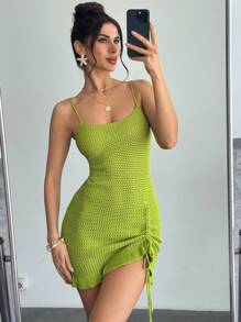 Firerie Nuovo vestito canottiera in maglia con vita increspata, coulisse e orlo arricciato, sexy per vacanze in spiaggia, per donne