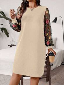 SHEIN Plus Size Mesh Long Sleeve Dress, Fashion Summer Wear - Apricot - View 5