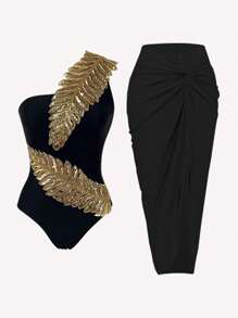 Swim Oasis 2 件女式夏季亮片叶子印花连体泳衣和网眼裙套装，修身 - 黑色 - 查看 1