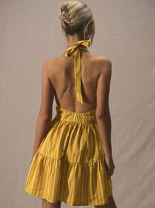 MUSERA Halterneck Fitted Bodice Two Tier Striped Mini Dress Spring Summer Cute Vacation - Yellow - View 4