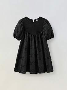 Ontre Tween 女童杏色纯色仿针织纹理刺绣泡泡袖 A 字裙，休闲度假返校时尚