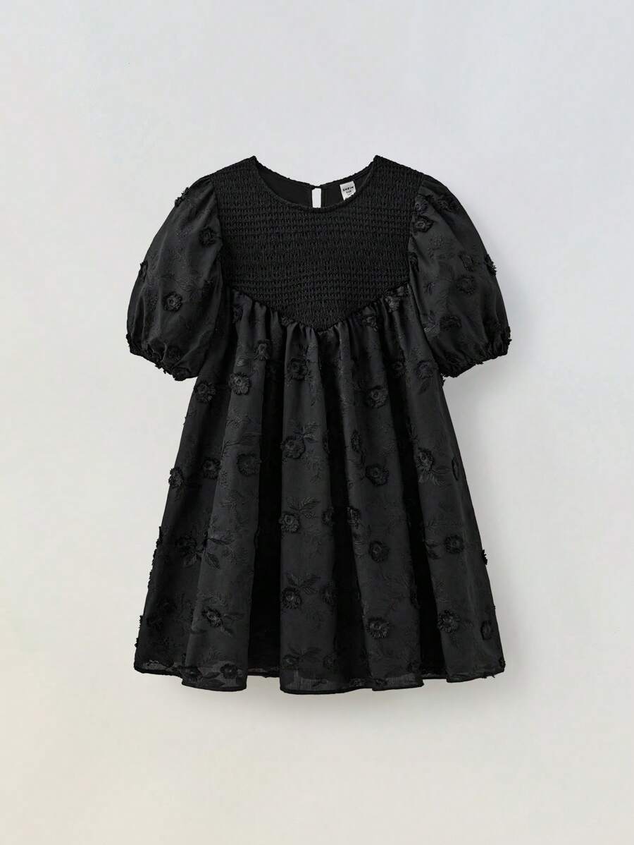 Ontre Tween 女童杏色纯色仿针织纹理刺绣泡泡袖 A 字裙，休闲度假返校时尚