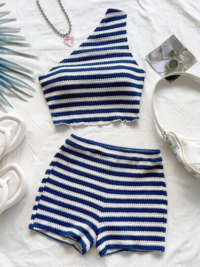 Soleia Bohemian ,Boho, Romantic Floral ,Vacation, Floral 4th Of July Clothes Summer Two Pieces Set Rave Outfits Festival Festival New Years Eve Outfits/Coquette Outfitcold Weather Outfits/Ice Skating Outfitidate Night Outfit Vacation Outfits Woman New 2 Pieces Set Women Holiday Style Blue & White Striped Textured Knit One-Shoulder Top + Striped Knit Pants, Suitable For Tea Time, Streetwear, Vacation, All Seasons As Layering Or Outerwear, For Party, Music Festival, Beach, Western Outfit, Cruise Wear, Shoulder Set, Striped, Beach, Graduation, Brunch Outfit, One-Shoulder Tank + Low Waist Shorts Island Vacation Outfits