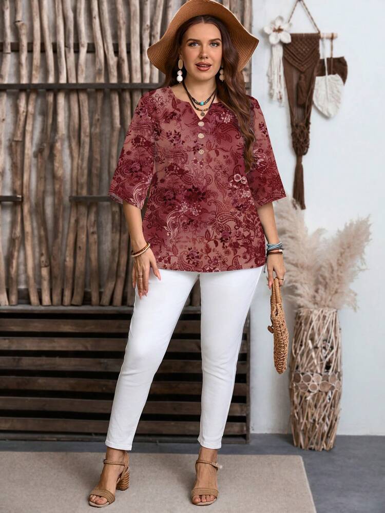 Plus Size Women Casual Floral Print Shirt, Suitable For Summer Chic Blouses For Women,Flower/Vacation/Spring