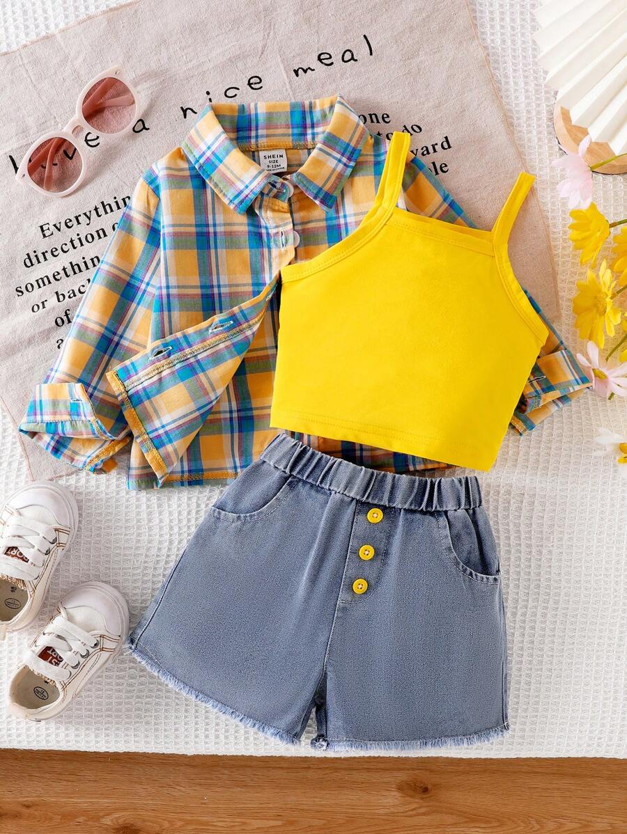 SHEIN Playful Pals Cămașă cu mânecă lungă cu nasturi cu imprimeu în carouri pentru fetiță + camisol galben + pantaloni scurți din denim albastru Set 3 buc - Galben - Vizualizare 1