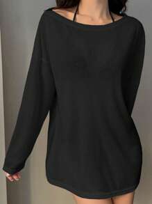 DAZY Women's Casual Loose Solid Color Asymmetrical Shoulder Pullover Top Vacation Beach - Black - View 3
