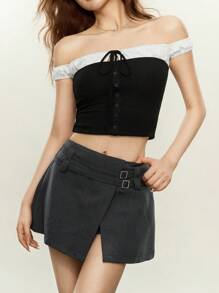 Rina Fox Women's Casual Solid Color Low Waisted Mini Skirt, Summer - Grey - View 2