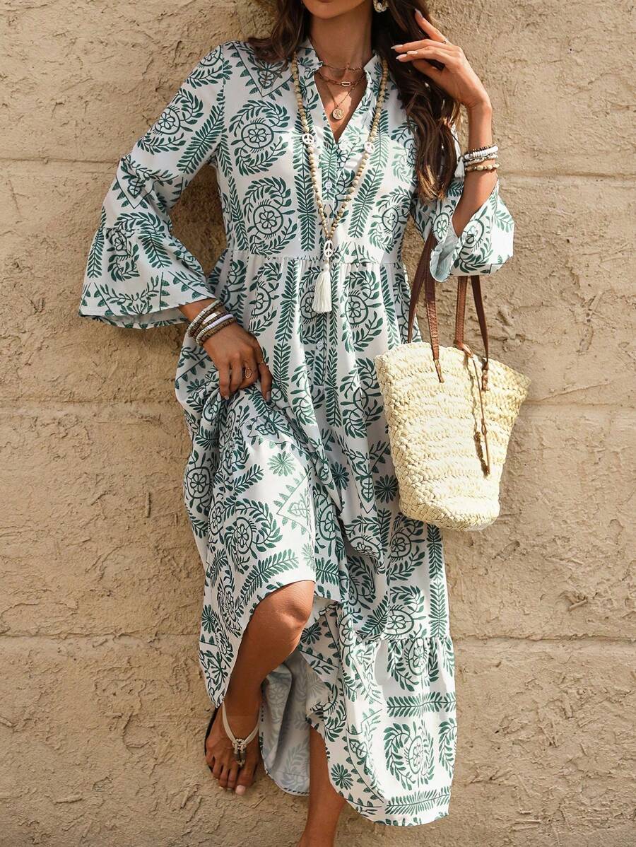 SHEIN Tall 女式波西米亚风格长款休闲连衣裙，夏季 - 綠色 - 查看 1