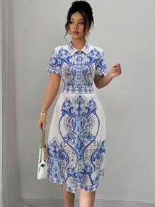 Elenzga Váy chữ A in họa tiết thanh lịch cho nữ tay ngắn - Xanh và trắng - Xem 6