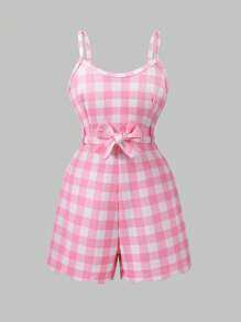 SHEIN Mono de cuadros rosas con estilo chic para niñas preadolescentes, adecuado para uso casual y playa