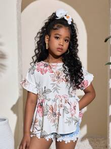 SHEIN Blusa con volantes y manga abullonada con estampado tropical para niña preadolescente
