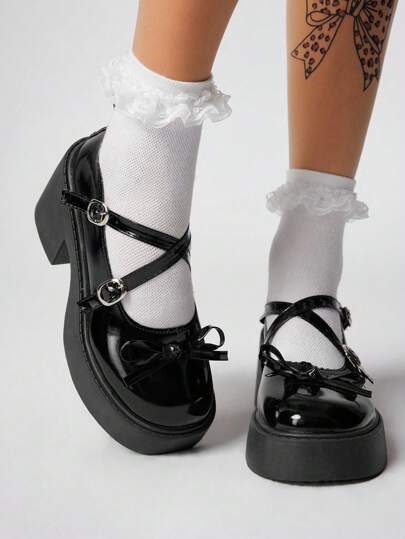 Kawaii Women's Dark Gothic Rock Punk Mary Jane Closed Toe Leather Shoes, Japanese JK Uniform Shoes, Low Heel Formal Dress Wedge & Platform Oxfords