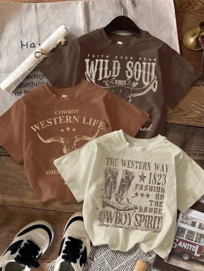 Attitoon 3-Piece Set: Casual Minimalist Graphic Crew Neck Short Sleeve Cropped Fitted Tee For Women, Cowgirl/Western Cowboy Boot Print Design