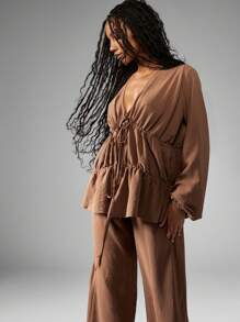 MISSGUIDED Elegant Linen Feel Tiered Ruffle Blouse Wide Leg Pants Set Boho Drawstring Waist Long Sleeve Autumn Winter Resort Wear Loungewear Coordinates - Brown - View 4