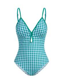 Swim Mod Traje de baño de una pieza con minifalda a cuadros azul retro para vacaciones de verano - Verde - Ver 8