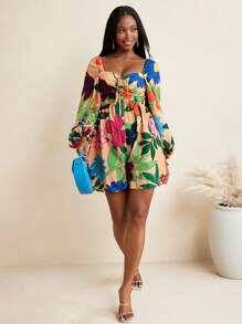 BELANGE HANDMADE Floral Print Flared Long Sleeves Bow Backless Women Jumpsuit Vacation Holiday Beach