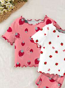 SHEIN Leap Crew 4pcs/Set Baby Girls Strawberry Pattern Casual & Cute Homewear Set With Ruffle Trim Contrast Color, Suitable For Summer - Multicolor - View 4