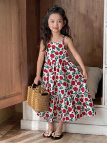 SHEIN Young Girl Floral Print Elegant Fashion Comfortable Bow Decorated Spaghetti Strap Mid-Length Dress Summer Holiday