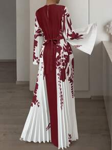 Elenzga Women Elegant Contrast Color Random Print Bell Sleeve Dress - Multicolor - View 2
