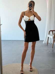 Firerie 优雅浪漫时尚办公室女士性感风格连衣裙，适合派对、度假、返校、浪漫约会和婚礼生日，扭纹胸罩杯水钻肩带紧身黑色连衣裙 - 黑色 - 查看 5