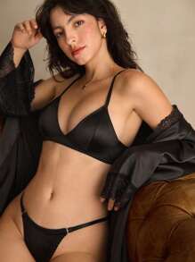 Anewsta Set 2 buc sutien și chiloți minimalisti de culoare solidă, sutien de lenjerie intimă fără fereastră, tanga