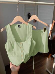 Comfortcana Women 2pcs Set Light Green Open Front Single-Breasted Vest And Shorts - Mint Green - View 5