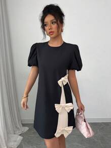 Rafferiza 法式优雅浪漫约会与日常百搭风灯短袖圆领撞色下摆蝴蝶结装饰无弹力黑色女式连衣裙，春夏 - 杏色 - 查看 4