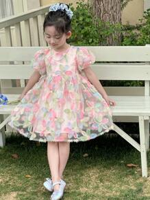 DAZY 年轻女孩圆领 3D 花卉纹理休闲宽松泡泡袖连衣裙，女孩夏季服装 - 彩色 - 查看 1