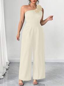 SHEIN Unity Plus Size Women Elegant Woven Oblique Shoulder 3D Flower Decor Black Fitted Jumpsuit, Valentine Love/Lover Heart Design