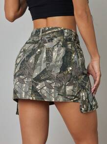 SHEIN Tall Women's High Street Tree Branch Print Cargo Mini Denim Skirt - Army Green - View 2