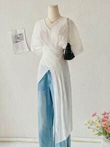 GlowEve 女士时尚办公室/休闲不对称白色短袖圆领衬衫