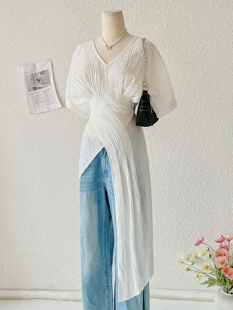 GlowEve 女士时尚办公室/休闲不对称白色短袖圆领衬衫