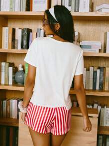 Bộ đồ ngủ tay ngắn in họa tiết dâu tây và quần short sọc cho nữ, mùa hè - Đỏ - Xem 2