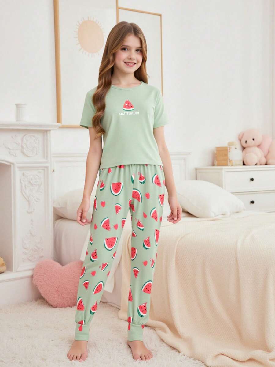 適合Tween Girl簡約款西瓜印花寬鬆短袖T恤和長褲，2件套靜居家穿著 - 綠色 - 查看 1