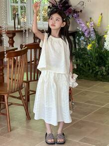 DAZY 2pcs/Set Tween Girls Round Neck Sleeveless Top + Skirt Two Pieces Set, Summer - Apricot - View 5